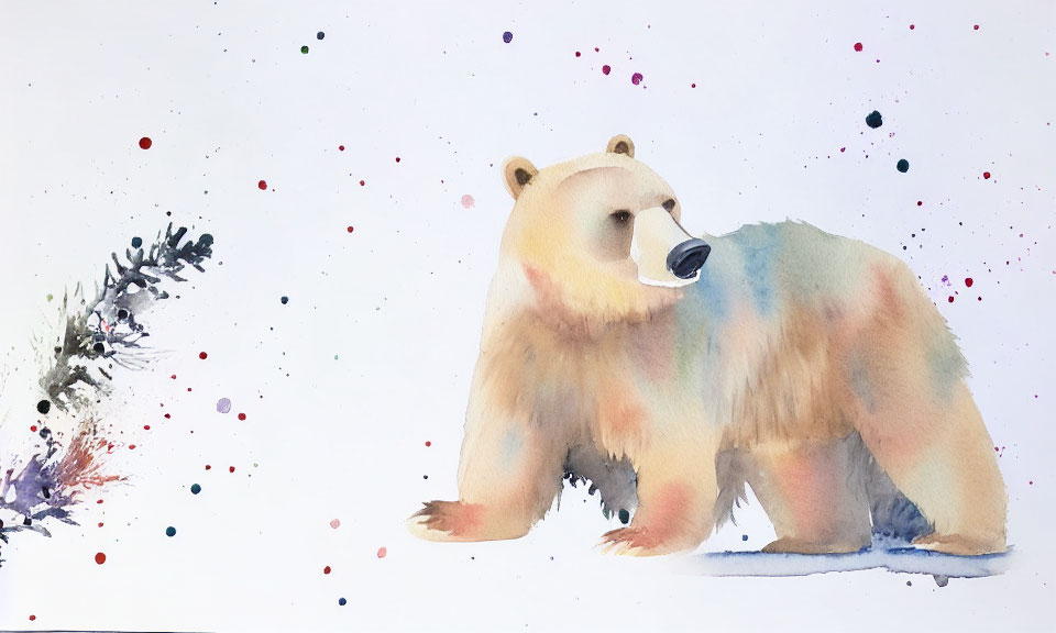 Pastel watercolor painting of bear with colorful splatters on white background