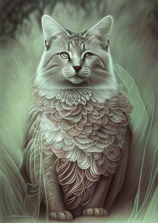 Stylized cat illustration with feathered chest in serene setting