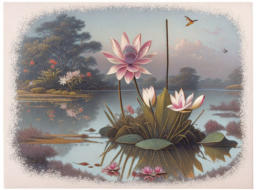 Lotus Flowers Blooming in Pond at Dusk