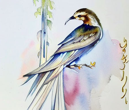 Bird watercolor illustration with blue and brown plumage on a stem