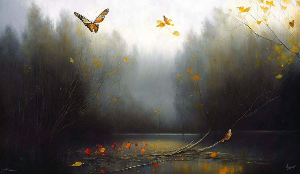 Misty lakeside painting with yellow leaves and a butterfly