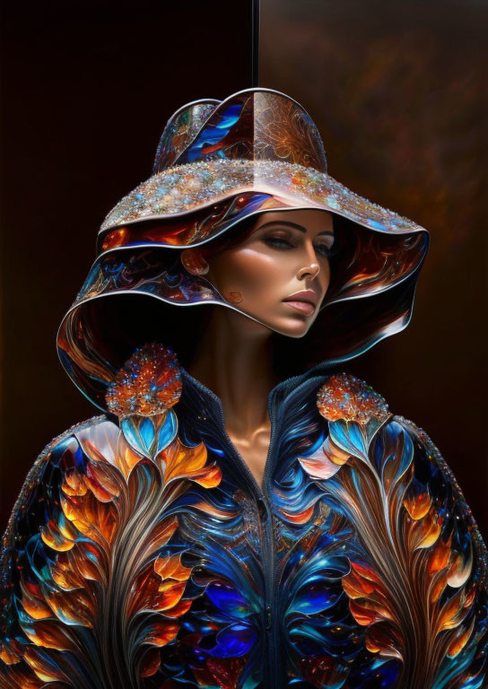 Luxurious ornate outfit with swirling iridescent hat and vibrant feather-like patterns