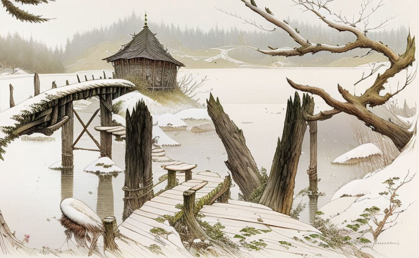 Snow-covered landscape with wooden gazebo, bridge, and broken railings in pale sky