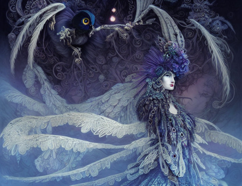 Person adorned with peacock plumage in mystical blue-purple palette