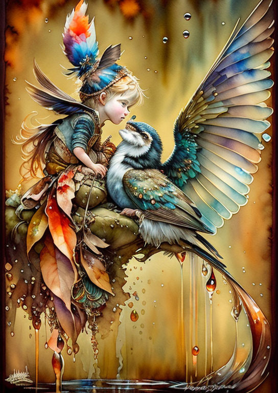 Colorful Fairy and Bird Interaction Illustration