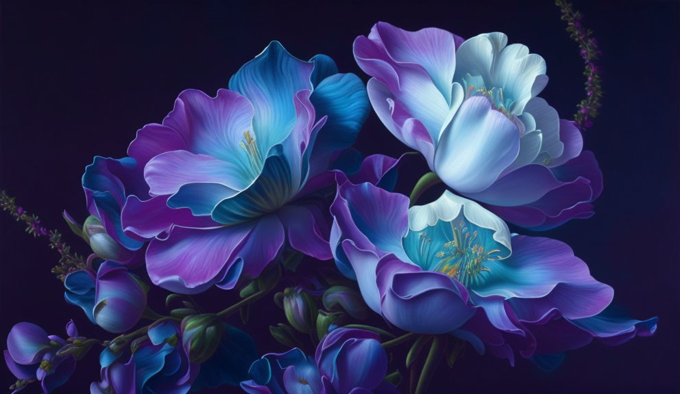 Blue and Purple Delicate Flower Art on Dark Background