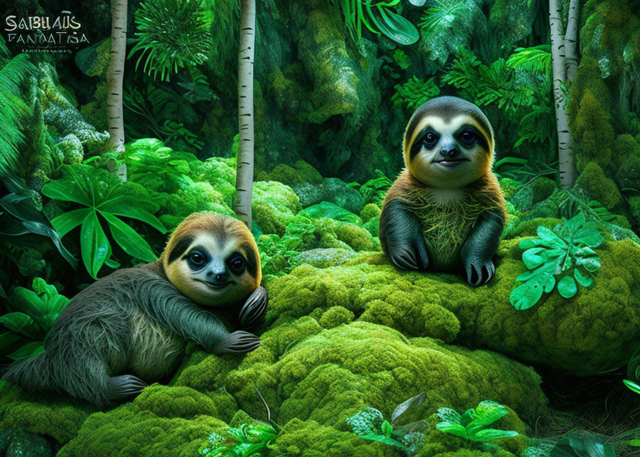 Stylized sloths with human-like faces in lush jungle scene