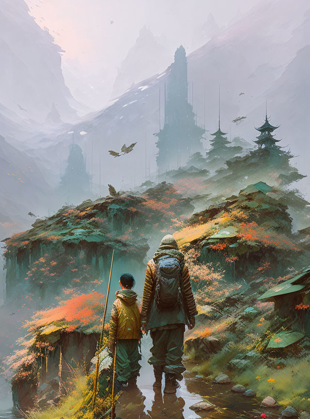 Two People in Jackets Admire Mystical Asian Mountain Landscape