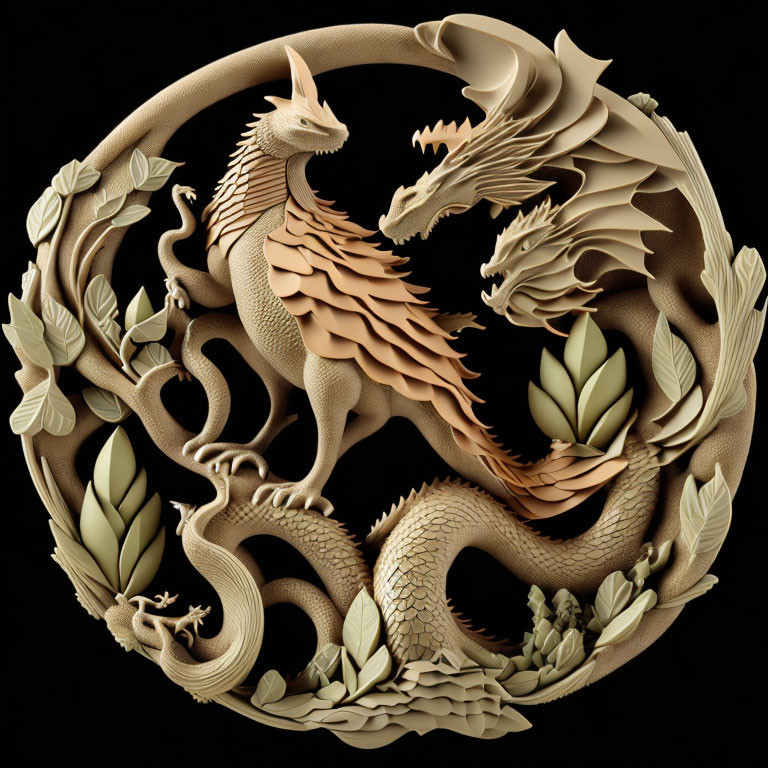 Circular Bas-Relief Carving: Intertwined Dragons in Monochromatic Earthy Palette