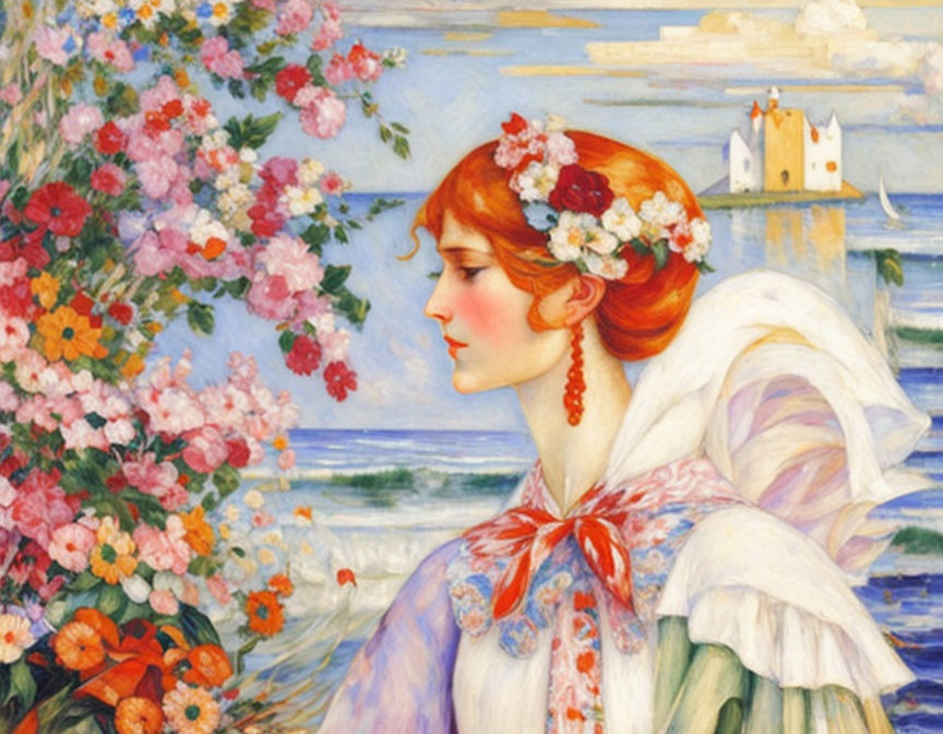 Red-haired woman in vintage dress surrounded by flowers, sea, and castle.