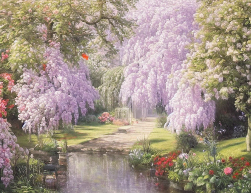 Tranquil garden path with wisteria trees, pond, bridge, and gazebo