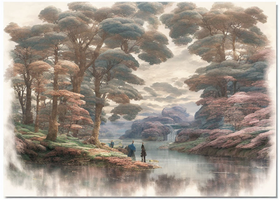 Tranquil landscape with tall trees, calm river, and figures by gentle hills