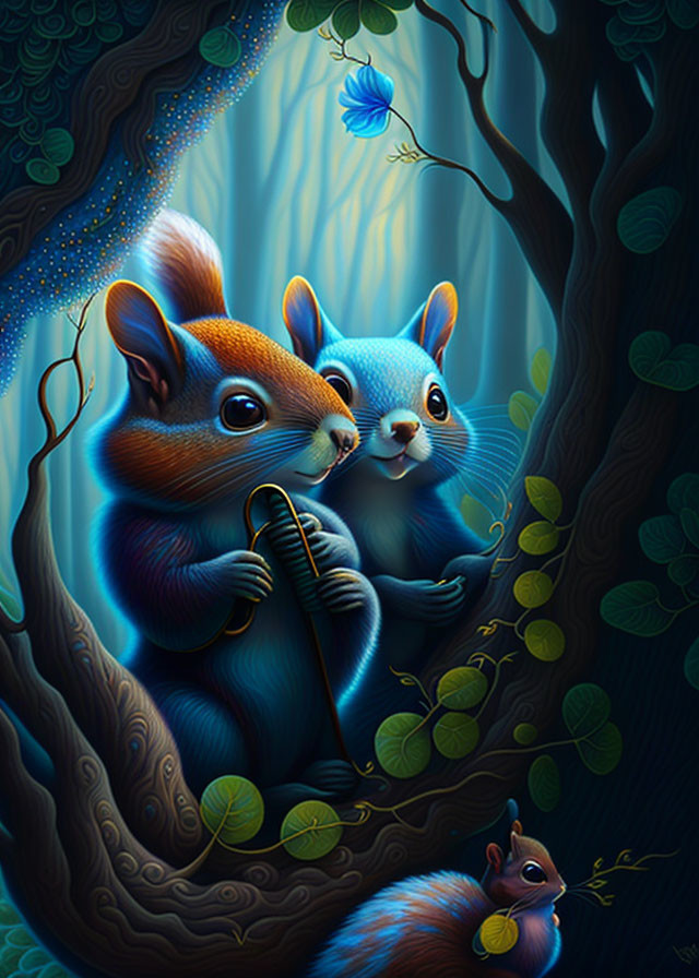 Colorful stylized squirrel illustration in whimsical forest setting