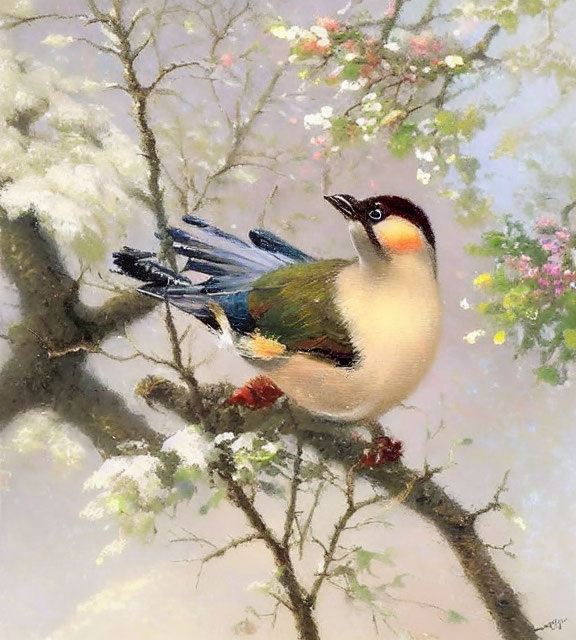 Colorful bird with black mask and chestnut collar on blooming branch with pink flowers.