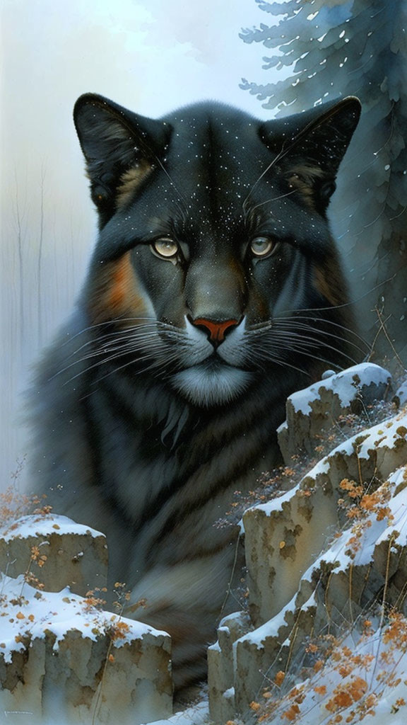 Realistic black panther in snowy landscape with bare branches