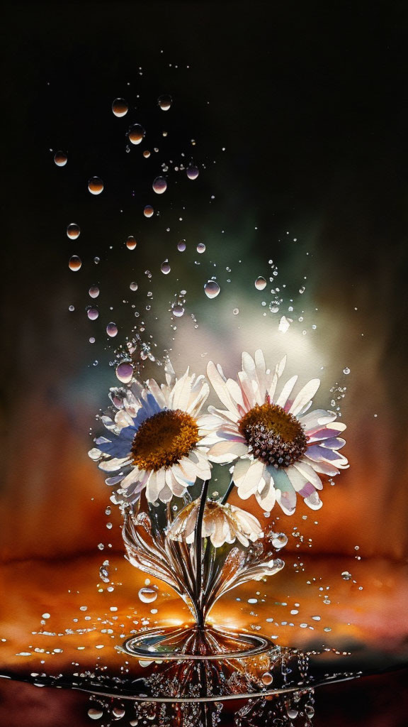 Daisy bouquet in vase with water droplets on warm bokeh background