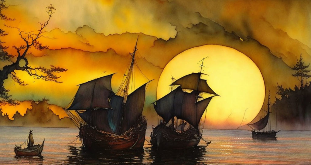 Three sailing ships on calm waters at sunset with vibrant sky.