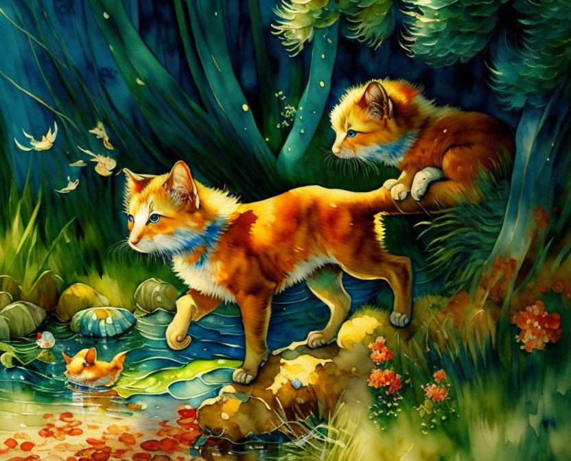 Illustrated foxes in lush forest setting: one on rock by water, the other lounging.