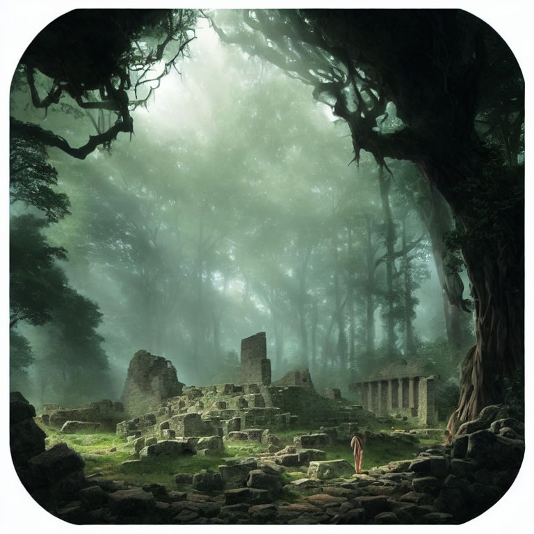 Misty forest scene with ruins, tall trees, and cloaked figure