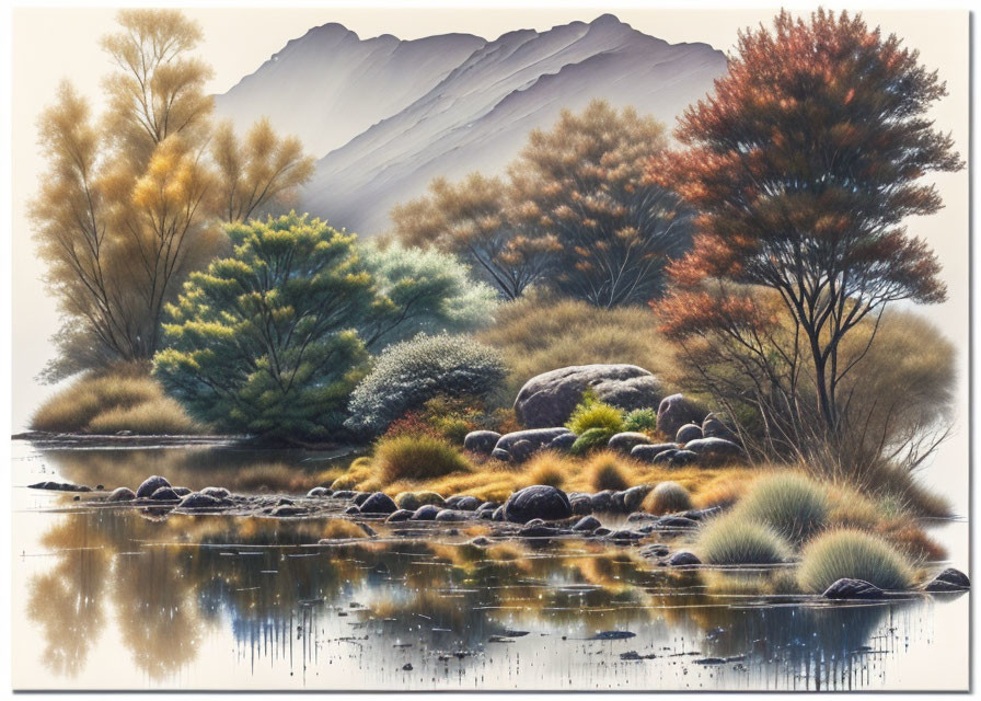 Tranquil landscape painting of calm river, lush trees, and gentle mountains