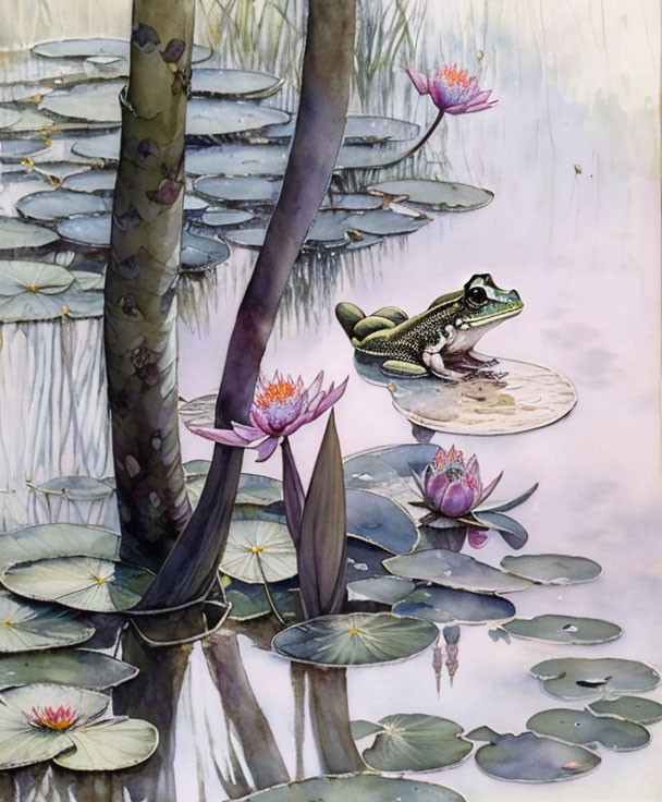 Frog on Lily Pad Surrounded by Water Lilies and Trees