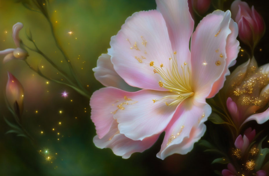 Pink flower with golden stamens in soft light and glowing particles