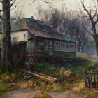 Rustic cottage and garden scene in watercolor art