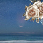 Cream-Colored Roses with Misty Blue Mountains and Starry Sky Scene