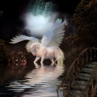 Black Horses by a Moonlit Stream at Night