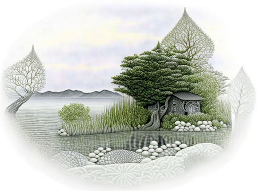 Detailed Monochrome Lakeside Scene with Trees and Textured Stones