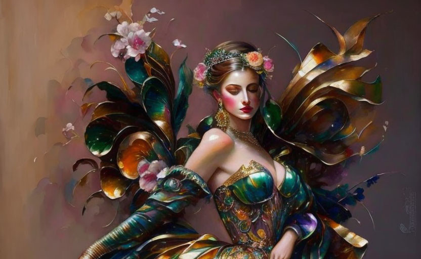 Woman in Fairytale Aesthetic with Butterfly Wings and Floral Headpiece