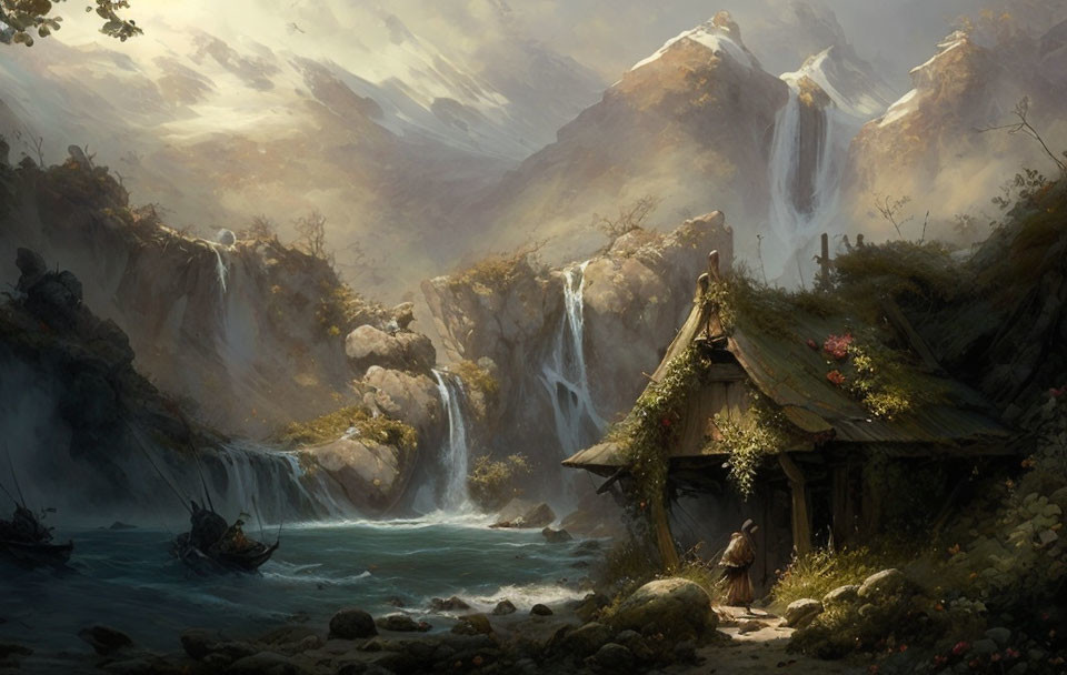 Tranquil landscape with cascading waterfalls, river, and mountain cabin