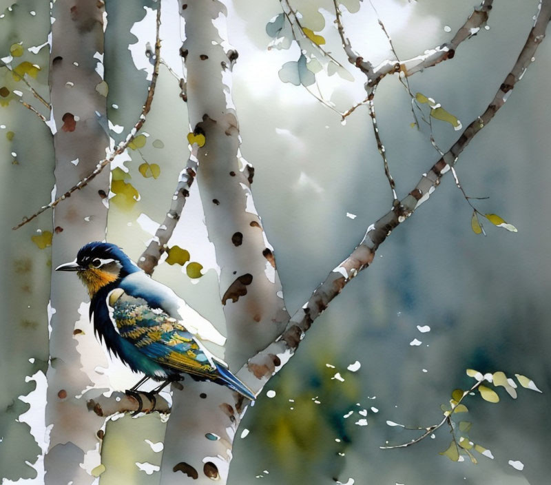 Colorful Bird Perched on Tree Branch with Vibrant Leaves