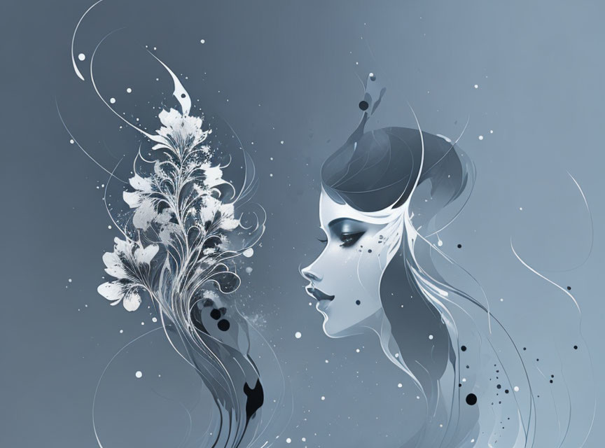 Monochrome woman's profile with floral patterns in abstract setting