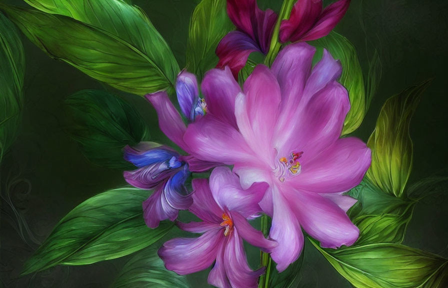 Colorful digital artwork featuring a large pink flower with layered petals, lush green leaves, and small purple