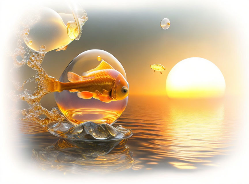 Goldfish in water bubble over reflective surface with bubbles and warm sunset backdrop