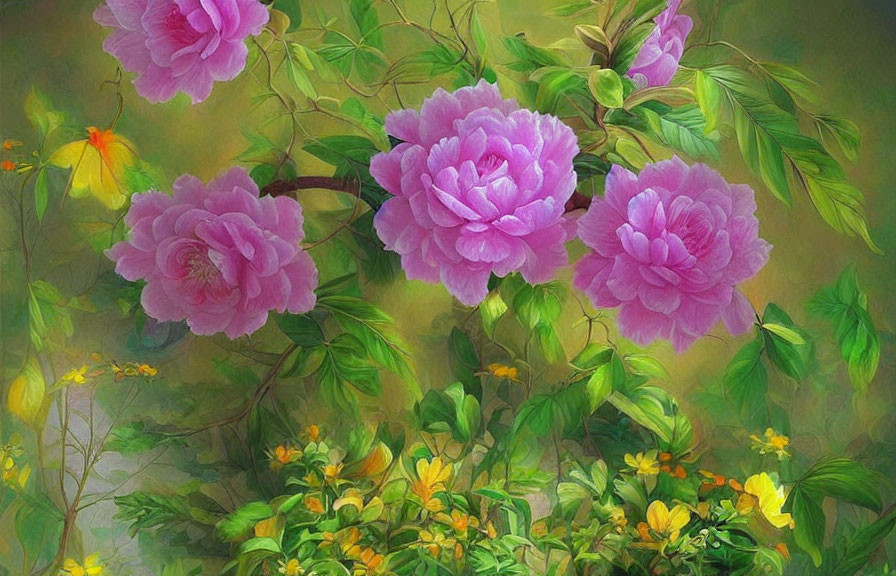 Colorful painting of pink peonies and green foliage with yellow flowers