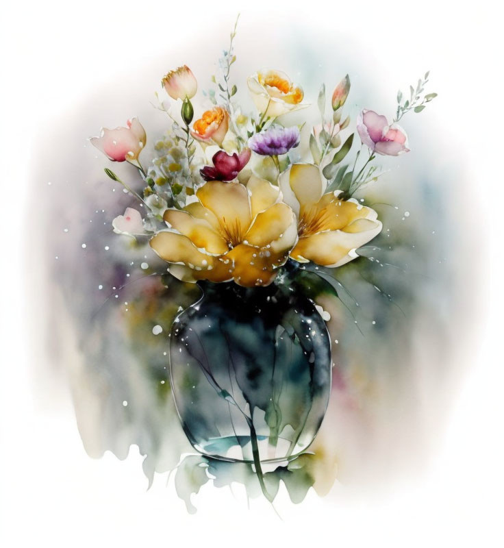 Delicate watercolor bouquet with yellow flowers in translucent vase