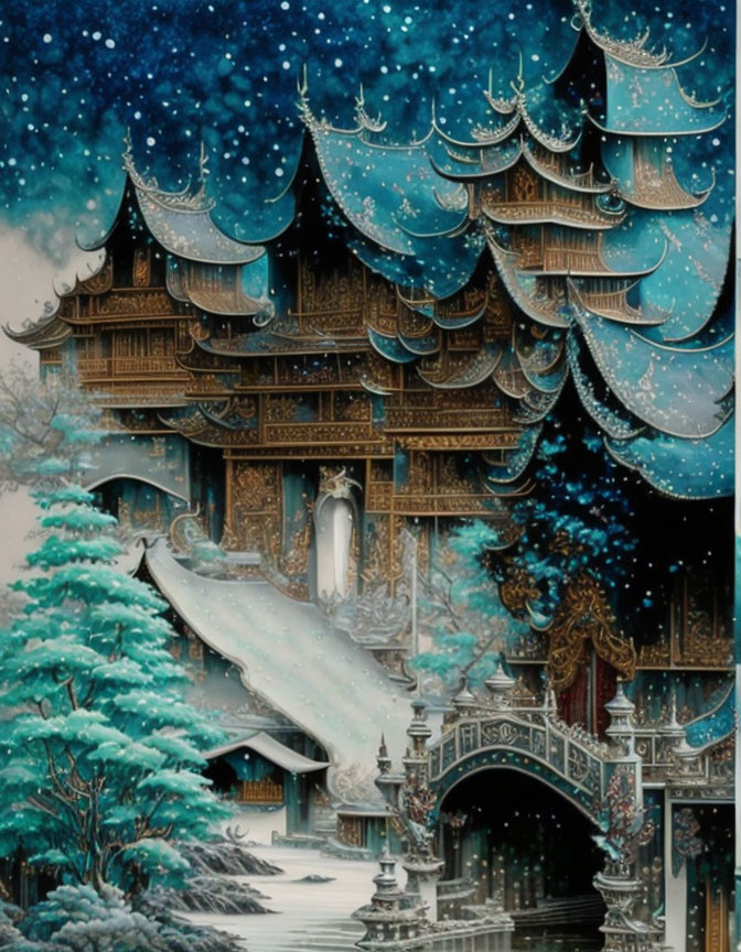 Golden-adorned multi-story pagoda under starry sky with snow-covered pine trees.