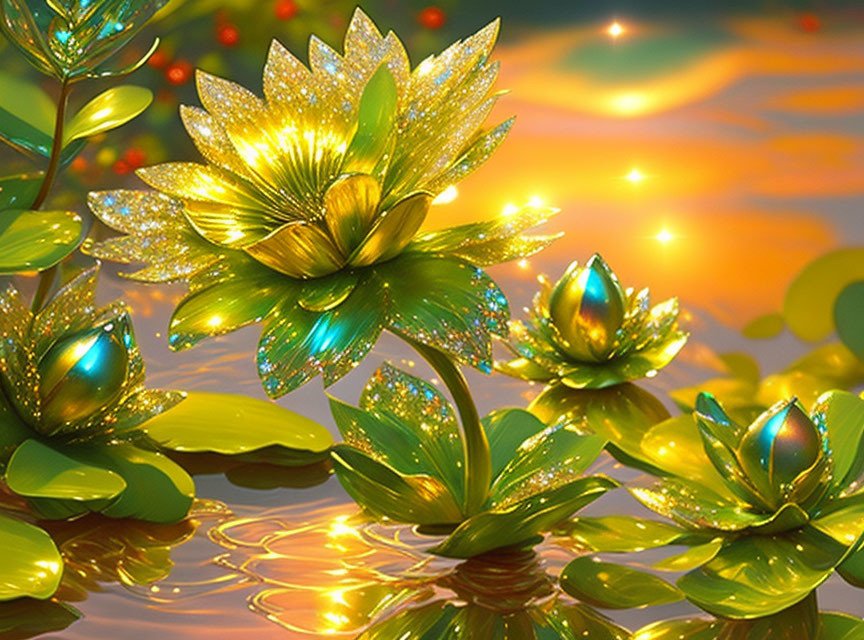 Fantasy flowers illuminated in digital art on water at sunset