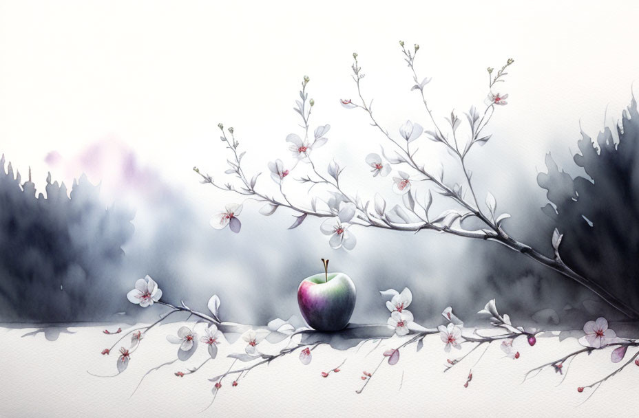 Delicate flowers and multicolored apple on misty forest branch