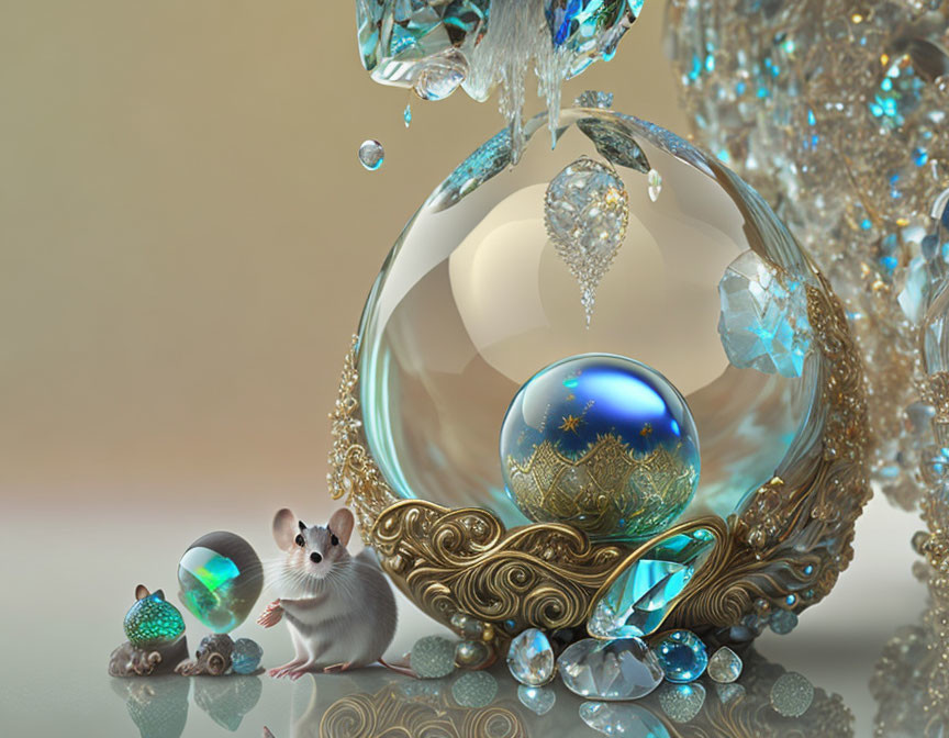 Mouse next to jeweled crystal ball on beige background