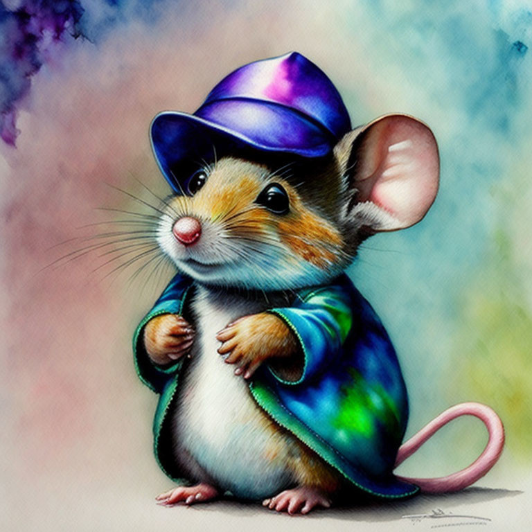 Colorful Illustration of Mouse in Purple Hat and Jacket