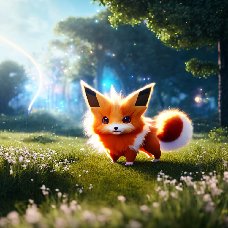 Fluffy orange fox-like creature in sunlit forest