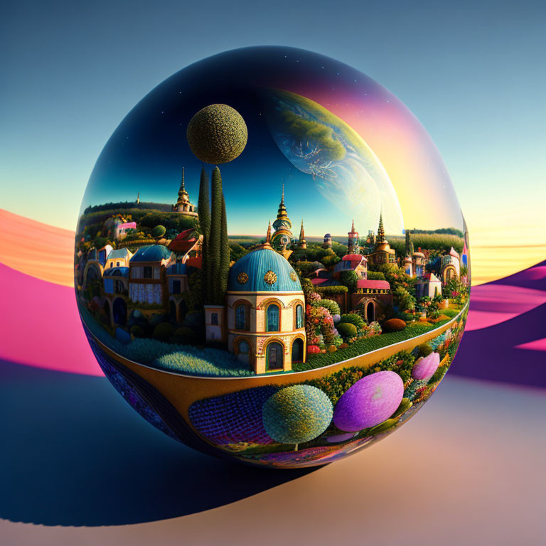 Vibrant spherical landscape with cosmic backdrop