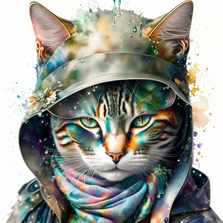 Cosmic Cat Artwork with Water Droplets and Hood