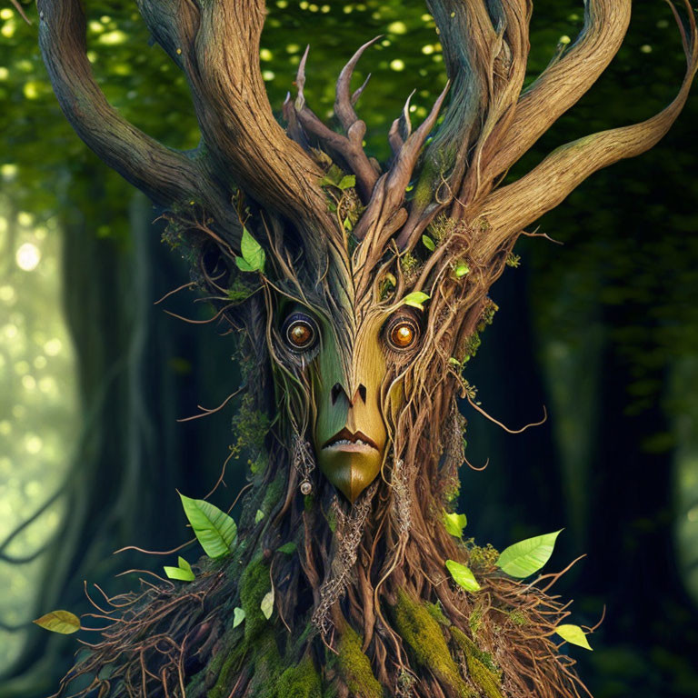 Tree-like creature with intricate bark features and vibrant green leaves in lush forest.