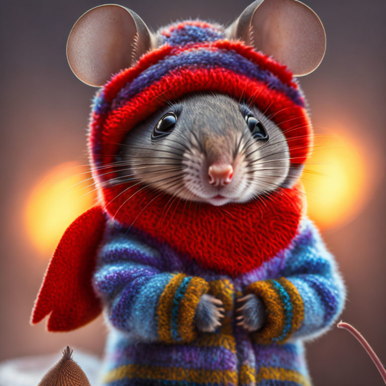 Colorful Knitted Sweater and Red Beanie on Cute Animated Mouse