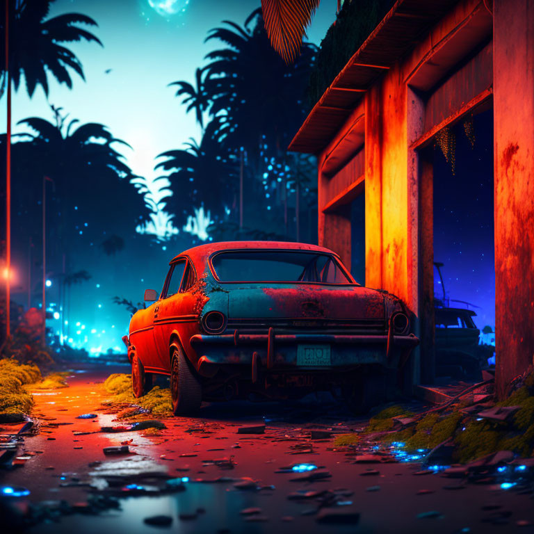 Vintage car parked at night with neon lights and tropical foliage