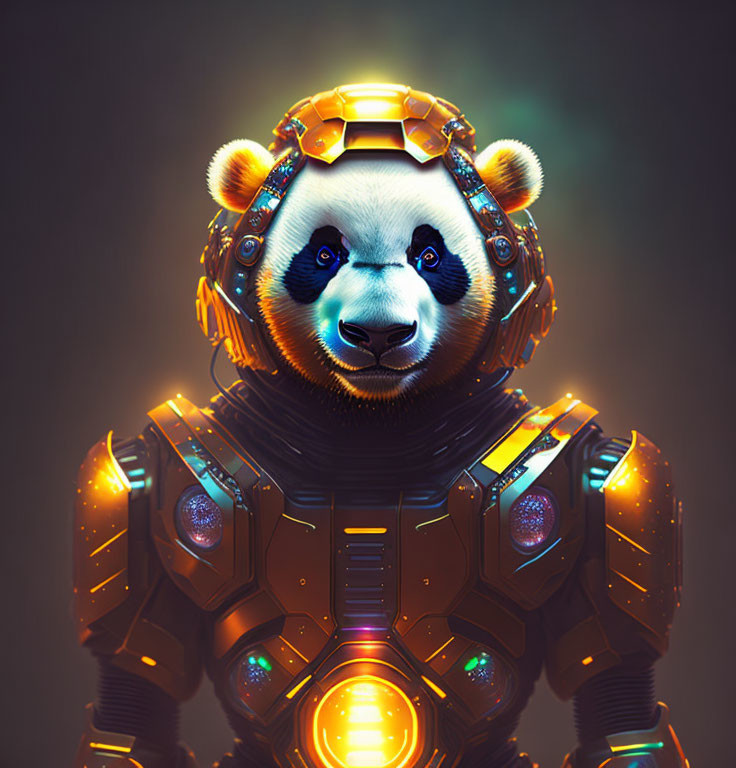 Futuristic armored panda with human-like body in digital art